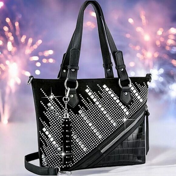 SALE Stunning Rhinestone Studded Bling Black Handbag Shoulder Tote Purse - Picture 3 of 7